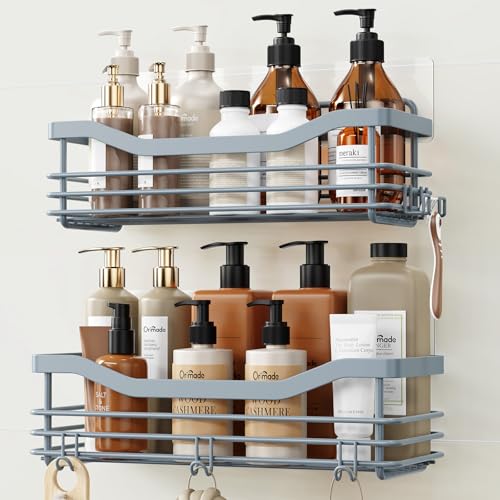Orimade Shower Caddy Basket Shelf Storage Rack, No Drilling Wall Mounted Adhesive Rust Resistant Stainless Steel Shower Organizer with 5 Hooks for Bathroom, Light Blue Grey 2 Pack - color: Light Blue Grey, size: 4.56"D x 11.02"W x 3.11"H