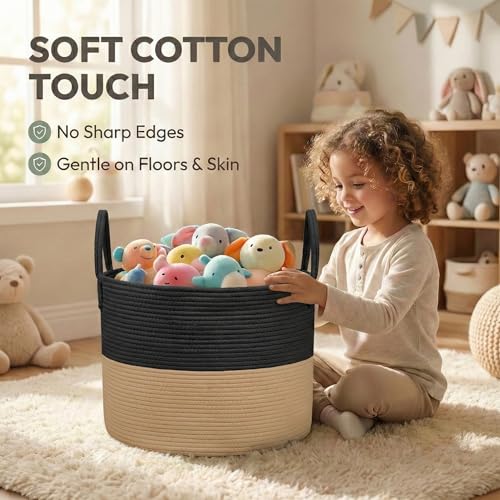 JMvicyroam 115L Extra Large Blanket Basket for Living Room - Woven Cotton Rope Laundry Hamper with Reinforced Handles - Storage Bin for Pillows, Comforters & Toys - Machine Washable,Black&Jute - color: Black&Jute, size: 115L