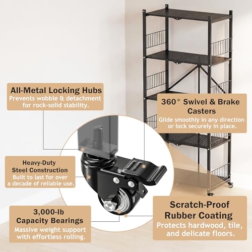 Folding Storage Shelves, Heavy Duty 5-Tier Metal Foldable Shelf Shelving Rack Organizer On Rolling Wheels in Kitchen Garage Apartment Pantry Basement No Assembly , 1100 LBS Capacity (Black, 5-Layer) - color: Black/5-tier