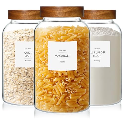KEYWING 88oz Large Glass Jars with Airtight Acacia Wood Lids, Set of 3 Food Storage Containers for Flour, Sugar, Rice, Pasta, Cereal, Cookies – Includes 126 Labels - size: 88 Fl.oz