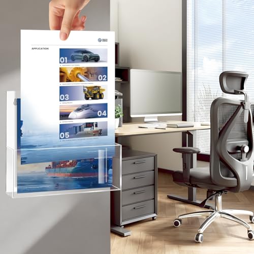 JUESHA 2 Pack Clear Acrylic File Holder Wall Mount Self Adhesive, Letter Size Hanging Paper Organizer, Wall Pocket File Holder Storage for Letter Folder Brochure Magazine Bookshelf Literature Display - color: White