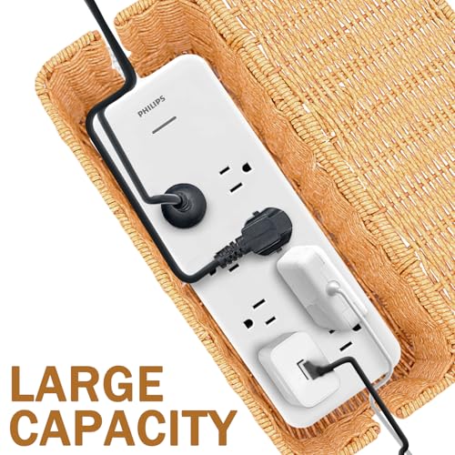 Cable Management Box, Handmade Imitation Rattan Cord Cable Organizer, Open Slots Cords Hider Box Cord Basket Under Desk Cord Organizer for Computer Router USB Hub & Power Strip - size: 13.0" (L) x 5.5" (W) x 5.1" (H) - 1 Pack