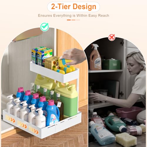 YJHome 2 Pack Expandable Under Sink Organizer, 2 Tier Pull Out Cabinet Organizer with Smooth Ball Bearing Slides, Adjustable Height Cabinet Storage Shelves for Kitchen, Bathroom, Laundry, Pantry - size: 2 Pack 9.8“-15"W