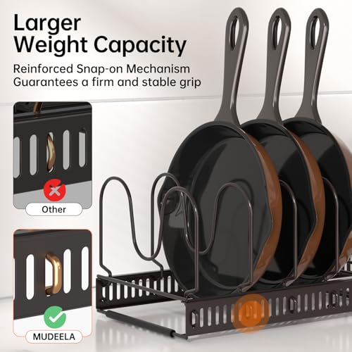 MUDEELA Pots and Pans Organizer Rack for under Cabinet, Expandable Pot Lid Kitchen Cabinet Organizer Holder with 10 Adjustable Compartment Cutting Board Organizer for Pan Lid Cookie Sheet Rack, Bronze - style: 10 Dividers-Bronze