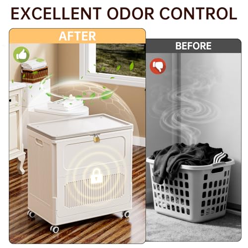 HAIXIN HOME Rolling Laundry Hamper with Lid, 130L Large Capacity Clothes Hampers for Laundry, Plastic Collapsible Laundry Baskets with Wheels and Lid, Install-Free & Easy to Transport to Laundry Room - color: Milky, size: 130L - 1 Pack