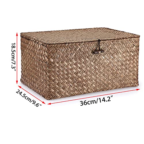 Hipiwe Wicker Shelf Baskets Bin with Lid, Handwoven Seagrass Basket Storage Bins Rectangular Household Basket Boxes for Shelf Wardrobe Home Organizer, Coffee Large - color: Coffee, size: Large