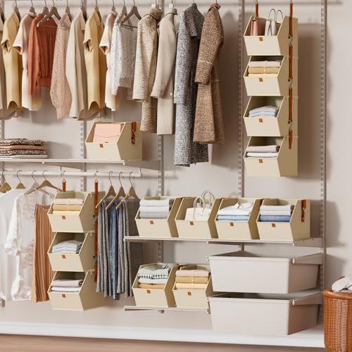 Homsorout Hanging Closet Organizer 4 Tier - Clothes Hanging Shelves, Space-Saving Closet System, Fabric Storage Bins Bedroom Organization, Collapsible Baskets for Home, Dorm, Rv, Beige - color: Beige, size: 4 shelves