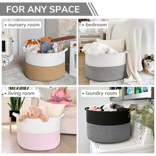 INDRESSME XXXLarge Cotton Rope Basket Woven Baby Laundry Baskets Blanket Baskets Toy Basket with Handle Comforter Cushions Storage Bin Thread Laundry Hamper - 21.7" x 21.7" x 13.8" - color: Black & Grey, size: 21.7"D x 13.8"H