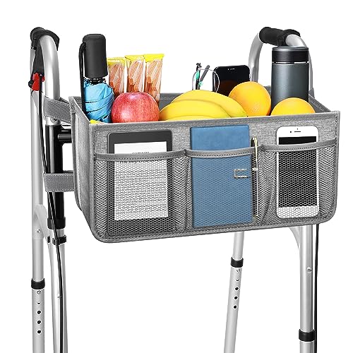 Dotday Upgraded Walker Basket with Cup Holder, Foldable Walker Bag with Large Capacity & Never Tipping Over, Not Fit for Rollator - Grey - color: Grey