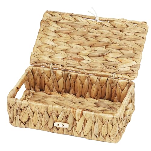 Small Basket with Lid, Wicker Storage Basket for Organizing, Rectangular Woven Basket for Storage, Water Hyacinth Decorative Boxes Bins with Lids (9" x 5.1" x 3") - size: 9" x 5.1" x 3"