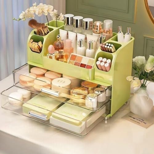 Makeup Organizer with Drawers for Vanity,Bathroom Countertop Organizer with Brushes Holder,Skincare Storage Organizer,Perfect Cosmetic Display Case for Skincare,Lipstick and Beauty Essential (Green) - color: Green