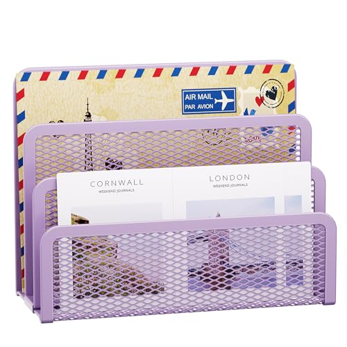 Marbrasse Mail Organizer for Desk, 3-Slot Mesh Metal Mail Holder countertop, Letter Holder, Office Desktop Envelope and Document Storage Rack (Purple) - color: Purple