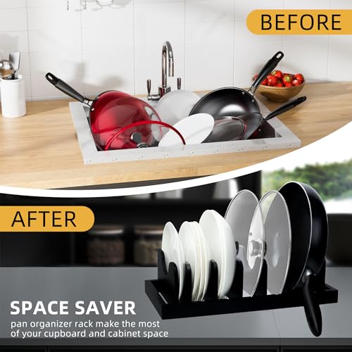 MinBoo Bamboo Pot Lid Organizer Pot Lid Holder, Pot and Pan Organizer Drawer Organizer for Pot Lids, Pans, Cutting Boards & Baking Sheets, Dinner Plates, Reusable Containers in Cabinet Storage,Black - color: Black