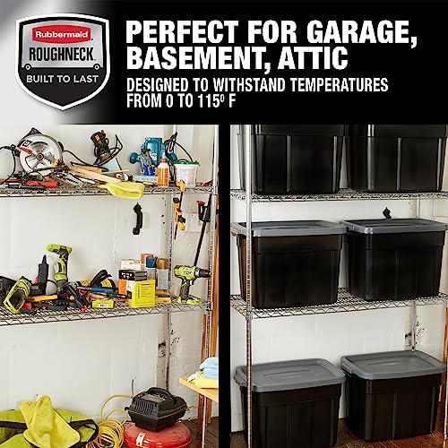 Rubbermaid 18 GAL 6 Pack Garage Storage Bins with Stackable Lid, Heavy Duty - Made in USA - Extreme Temperature Resistant, Durable Plastic Containers with Handles - Solid Black and Grey - size: 18 Gal - 6 Pack