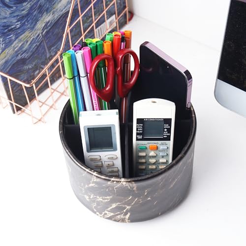 Round Leather Art Supply Organizer,Remote Control Holder,360-degree Rotating Pen Organizer with 4 Compartments(1-Marble Black Gold) - color: 1-Marble Black Gold