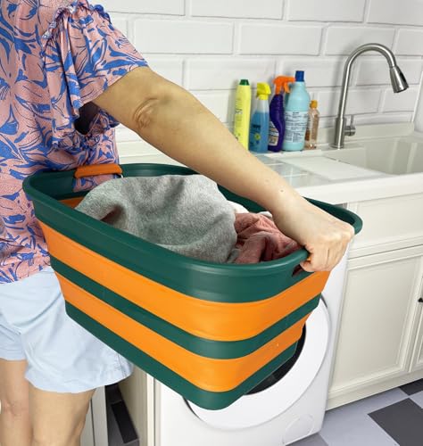 SAMMART Collapsible Plastic Laundry Basket with Handle/Foldable Pop Up Storage Hamper/Portable Laundry Organizer-Space Saving Washing Tub/Household Storage (Teal Green/Autumn leaf, 27L (Set of 2)) - color: Teal Green/Autumn leaf, size: 27L (Set of 2)