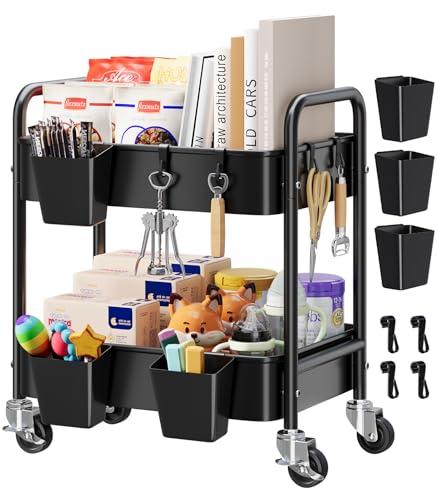 2 Tier Small Rolling Metal Cart with Wheels, Black Under Desk Storage Cart on Wheels, Short Utility Roller Carts Organizer for Pantry, Bathroom,Kitchen,Office, Two Tiered Mobile Storage Shelf Trolley - color: Matte Black, size: 2-Tier + Cups + Hooks