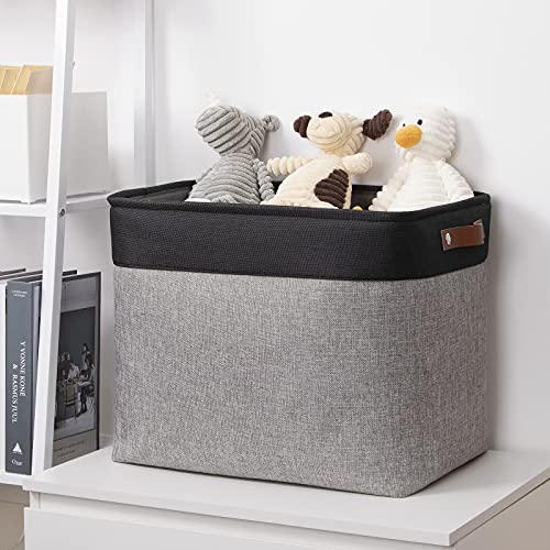 DULLEMELO Large Collapsible Storage Basket/Bin with Sturdy Leather Handles, Fabric Organizer Bin for Storage Clothes, Toys, Books, Office, Bedroom, Closet, Nursery & Laundry (Black&Gray) - color: Black&Gray, size: Large-17"x12"x15"