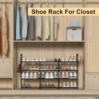 3 Row 4 Tier Long Shoe Rack, Black Metal Stackable Shoe Shelf with Multifunctional Hooks, Shoe Storage Hold 24-30 Pairs, Space Saving Shoe Organizer for Closet,Wide Shoe Rack - size: 3 Row 4 Tier