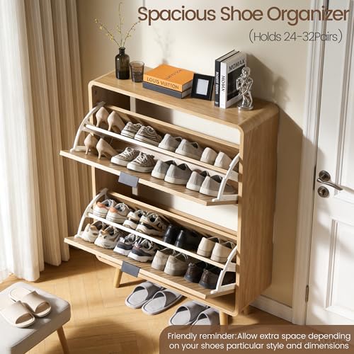 FurSch Fluted Shoe Storage Cabinet with 2 Flip Drawers, Narrow Shoe Rack Cabinet Organizer with Adjustable & Removable Shelves for Entryway (All Natural, 2 Drawers) - color: All Natural, size: 2 Drawers
