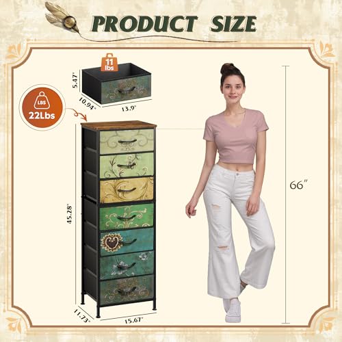 WLIVE Tall Dresser for Bedroom, 7 Drawer Dressers & Chests of Drawers, Fabric Dresser for Closet, Living Room, Night Stand with Metal Frame, Storage Tower with Fabric Bins, Wood Top, Floral Painted - color: Floral Painted, size: 11.73"D x 15.67"W x 45.28"