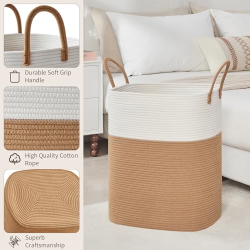AINUOQI Laundry Basket with Handles - Blanket Basket & Hampers for Bedroom Aesthetic, Laundry Hamper & Blanket Storage for Living Room, Clothes Hamper, Tall, Large 17" x 14" x 22”, White & Jute - color: White & Jute, size: 85L