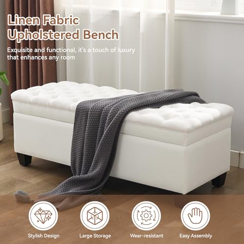 WUTUTUEE 51" Fabric Storage Ottoman Bench, Upholstered Rectangle End of Bed Storage Ottoman Tufted Living Room Bedroom Bench with Safety Hinge, Solid Wood Legs, Loads 500 lb(Beige) - color: Beige-fabric