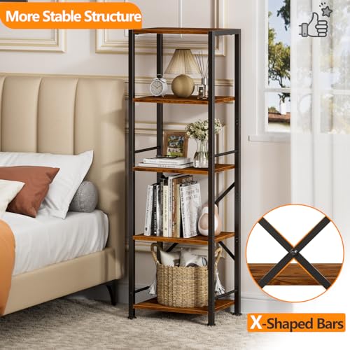 Furologee 5 Tier Tall Bookshelf, Rustic Narrow Bookcase, Display Standing Shelf Units, Metal and Wood Storage Shelves Organizer for Bedroom, Living Room, Home Office, Entryway, Kitchen, Rustic Brown - color: Rustic Brown, size: 5 Tier - 15.3"W