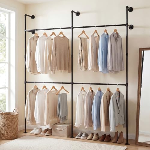 Giantex Industrial Pipe Clothing Rack, 79" Wall Mounted Heavy-Duty Metal Garment Organizer with 4 Hanging Rods, 2-Tier Walk-in Closet System for Wardrobe Closet, Retail Display - size: 79 Inches