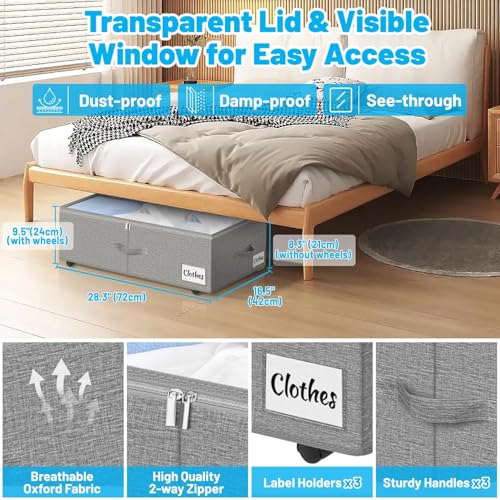 Under Bed Storage with Wheels, 2-Pack 10" Height XXL 60L Rolling Storage Bins, Quick Assembly Underbed Shoe Storage Containers with Clear Lid & Label, Dorm Under bed Drawers for Clothes, Shoes, Grey - color: Grey-2 Pack, size: 9.5 Inch Tall - Clear Lid