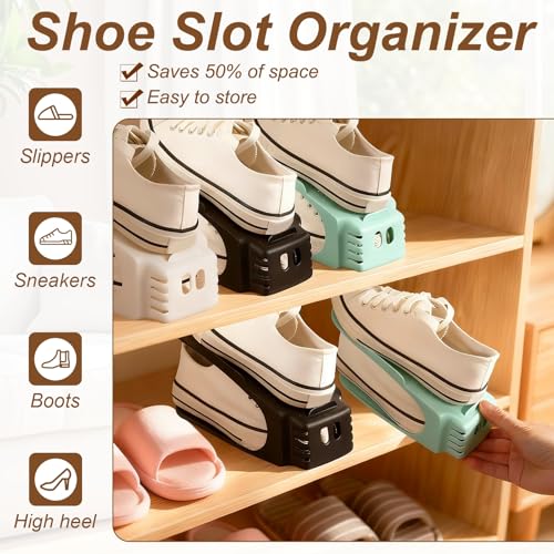 uxcell Shoe Slot Organizer 4 Pcs, 10.2x3.9x5.1 Inch Shoe Stacker Double Layer 50% Space Saver for Storage Closet Rack Organization, White - color: White