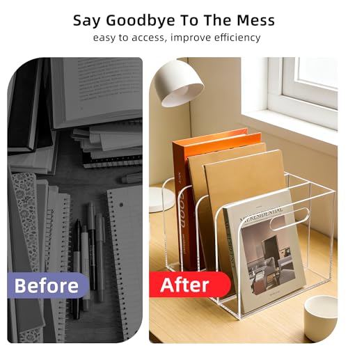 4 Vertical Compartments Clear Acrylic Magazine & File Holder – Multipurpose Desk Organizer for Office, Tablets, Magazines, Books – Documents/Home/Classroom Rack - size: A4, 4 Sections