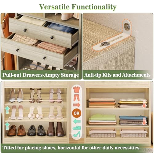 Besiost Closet System, Up to 134"/11.2 FT Closet Organizer with 4 Wooden Drawers and Shelves, Walk-in Closet System with 6 Hanging Rods, Built-in Closet Can Fit 96"/8FT, 120"/10FT, Greige Oak - color: Greige Oak, size: Style A: 77.6"—134"(W)