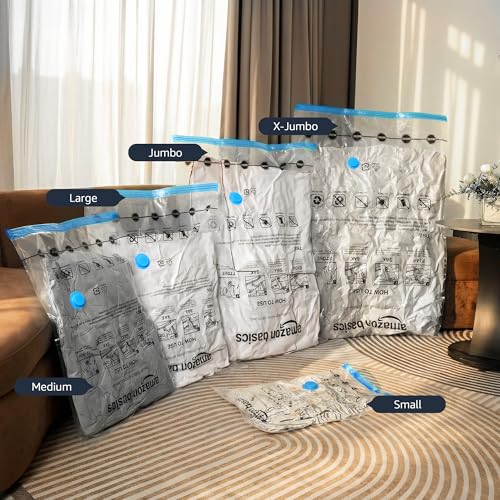 Amazon Basics Vacuum Storage Bags for Blankets, Vacuum Compression Space Saving Storage Bags with Hand Pump for Clothes Packing, X-Jumbo, 4-Pack - size: X-Jumbo
