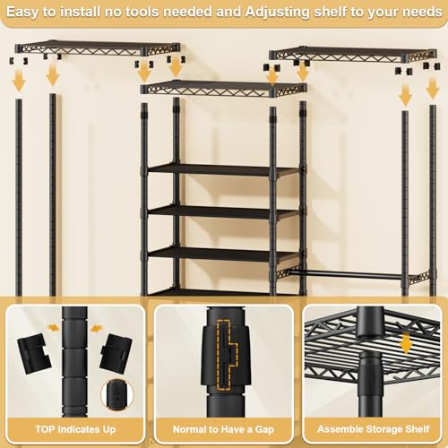ULIFHOME E16 Heavy Duty Clothing Rack（with 7-Tier Adjustable Shoe Rack） Freestanding Clothes Rack for Hanging Clothes，Metal Closet Storage Organizer Large Wardrobe，69'' W x 15.8'' D x 76.2'' H，Black - color: Black