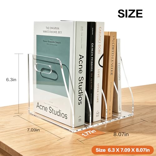 Acrylic Magazine File Holder, 4 Vertical Compartments Desk Document Sorter Organizer, Clear Bookend File Sorter Holder for Office, Documents, Tablets, Magazines, Books - size: B5 File Rack (4 slots)