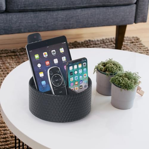 Remote Control Holder 360° Spinning Controller Holder TV Remote Caddy End Table Organizer Storage Bedside Nightstand Couch Caddy of Couch for Call Phone PU Leather Side Table Organizer