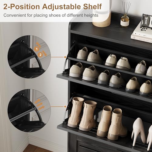 Garvee Shoe Storage Cabinet with 3 Flip Drawers, Freestanding Shoe Organizer Storage for Entryway with 2 Side Hooks, Farmhouse Hidden Slim Narrow Shoe Rack Cabinet, Black - color: Black, size: 3-Drawers
