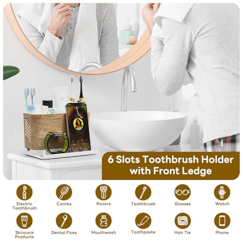 Bathroom Organizers and Storage 6 Slots Wood Grain Electric Toothbrush Holders with Phone Holder and Adjustable Dividers, Cord-Friendly Toothbrush Organizer with Drainage for Family, Kids - color: Wood Grain