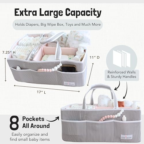 Lily Miles Baby Diaper Caddy - Organizer Tote Bag for Baby Girl Essentials - Baby Shower Basket - Nursery Must Haves - Registry Favorites - Newborn Caddie Car Travel - Gray/Blush, Extra Large - color: Gray/Blush, size: Extra Large