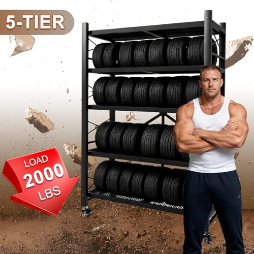 5-Tier Folding Storage Shelves, Heavy Duty Garage Shelving Unit, Adjustable Metal Standing Storage Rack Shelf, No Assembly Wire Shelving Organizer with Wheels for Kitchen Pantry Warehouse - size: 5-Tier