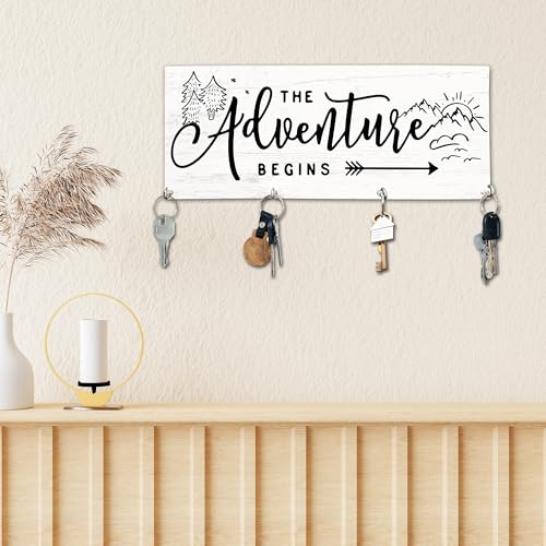 The Adventure Begins Wooden Key Holder for Wall - 5"x10" Key Organizer Hanger with 4 Hooks for Home Front Door Hallway Entryway Kitchen - Home Office Decor & Housewarming Gifts Supplies - A02 - color: The Adventure Begins