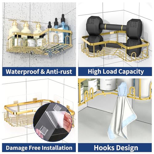 Menbyci 3 Pack Corner Shower Caddy, Adhesive Bathroom Shelves with 18 Hooks, Drill-Free & Quick-Dry Shower Organizer with Large Capacity, Rustproof Stainless Steel Bathroom Corner Storage Rack, Gold - color: Gold, size: 3 packs
