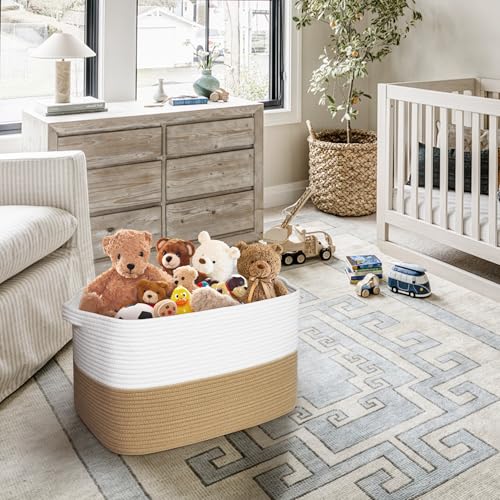 Extra Large Blanket Basket, 23.6"x15.7"x14.1" Woven Blanket Storage for Living Room, Big Cotton Rope Kids Dog Toy Bin Box, Decorative Rectangle Pillow Holder, Baby Laundry Basket, Camel - color: Camel and White