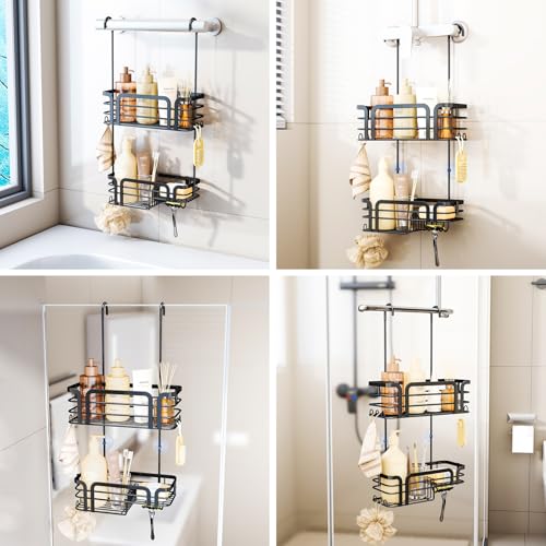 SWTYMIKI Shower Caddy Hanging Organizer - Over the Door Shower Caddy with Soap Holder, 11 Hooks, 2 Installation Ways, Stainless Steel Rustproof Bathroom Organizer, Black - color: Black