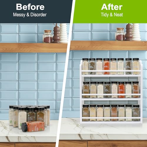 3 Tier Bamboo Spice Rack, Spice Rack Organizer, Seasoning Jars Rack Shelf Spice Organizer for Kitchen Counter or Wall Mounting, Spice Storage Holder with handles, Jars Not Included, White - color: White with Handles