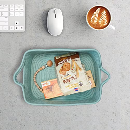 XUANGUO Woven Cotton Rope Storage Basket with Handles for Organizing Shelves Closet Small Cat Dog Pet Toy Baskets Box Bin Decorative Rectangle Baby Nursery Basket Gift Basket Empty (Light Green) - color: light green