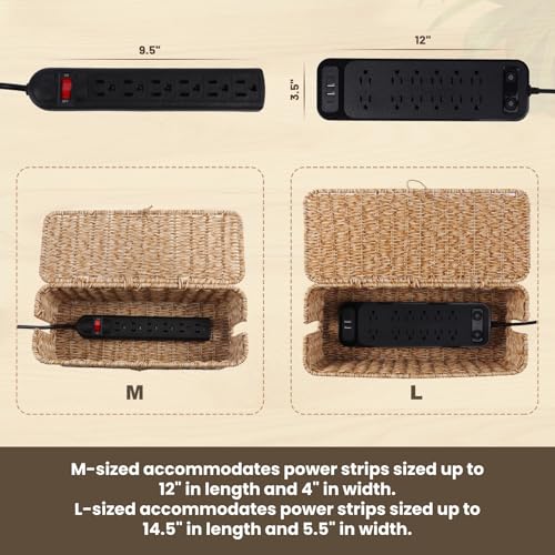 BROWNLILY Cable Management Box, Rattan Style Cord Organizer for Desk Cord Hider Outlet Covers Baby Proofing for Power Strip TV PC Router Charger Under Desk Storage with Lockable Lid and Cable Ties - color: Natural, size: Set (L+M)
