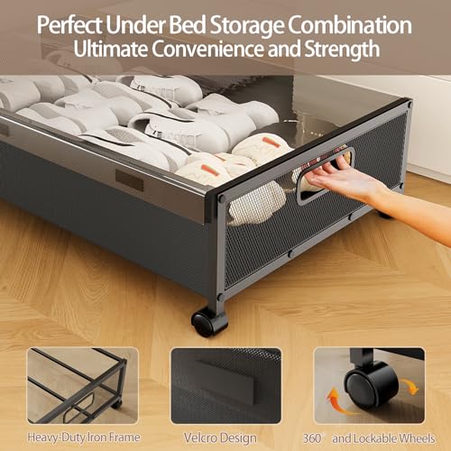 KITHELP Underbed Storage Containers with Wheels, Large Under Bed Drawers on Wheels with Removable Lids, Rolling Shoe Organizer Under Bed Storage Dresser Metal Drawers for Clothes Toys Blankets (2PACK) - color: Black-2pack-New
