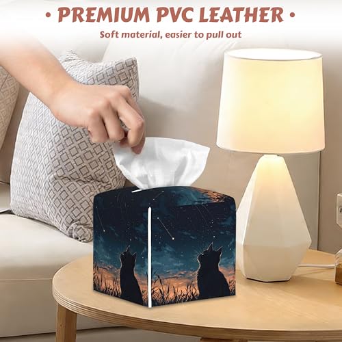Starry Night Sky Cat Tissue Box Holder, Leather Tissue Box Cover Square, Paper Facial Decorative Tissues Cover for Bathroom Home Car Nightstand Vanity Desk, 2 Pcs - color: Starry Night Sky Cat